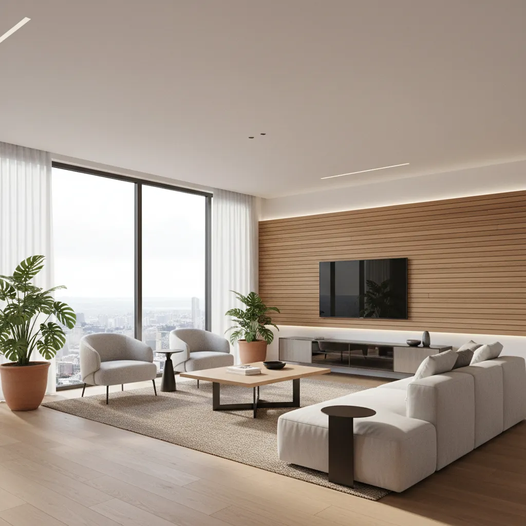 Render realista de sala moderna con iluminación natural