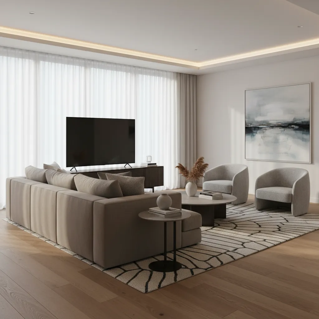 Render realista de salón moderno generado por software de diseño