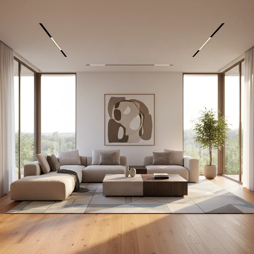 Render realista de una sala moderna generado con software de diseño