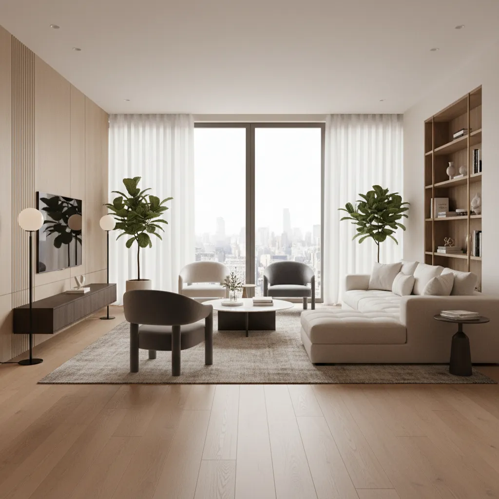 Modern minimalist living room with cream sofa, grey chairs, wooden floor, and large city view