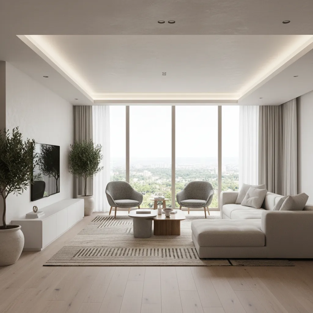 Render 3D realista de un salón moderno diseñado digitalmente