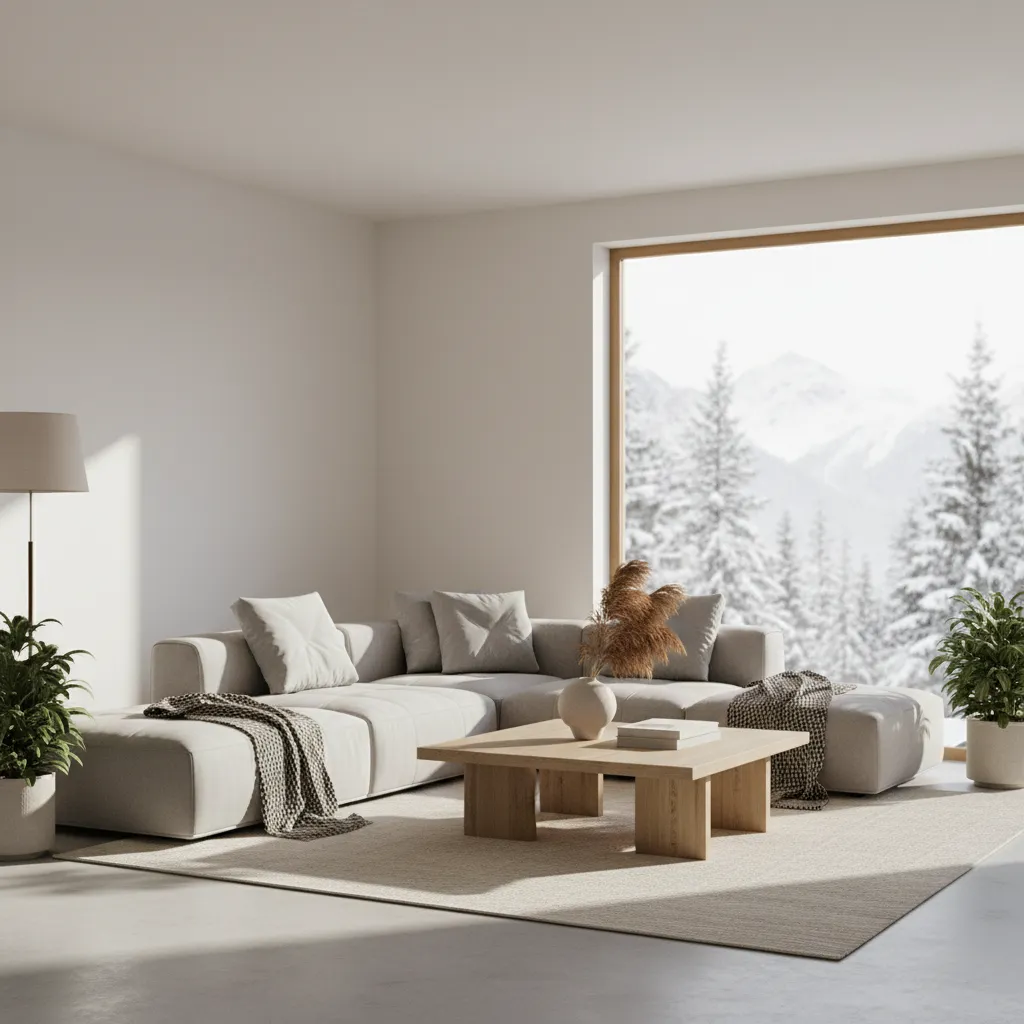 Minimalist living room with grey sofa wooden coffee table floor lamp and snowy mountain scenery