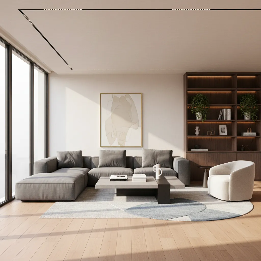 Render fotorrealista de un salón moderno generado por software de diseño