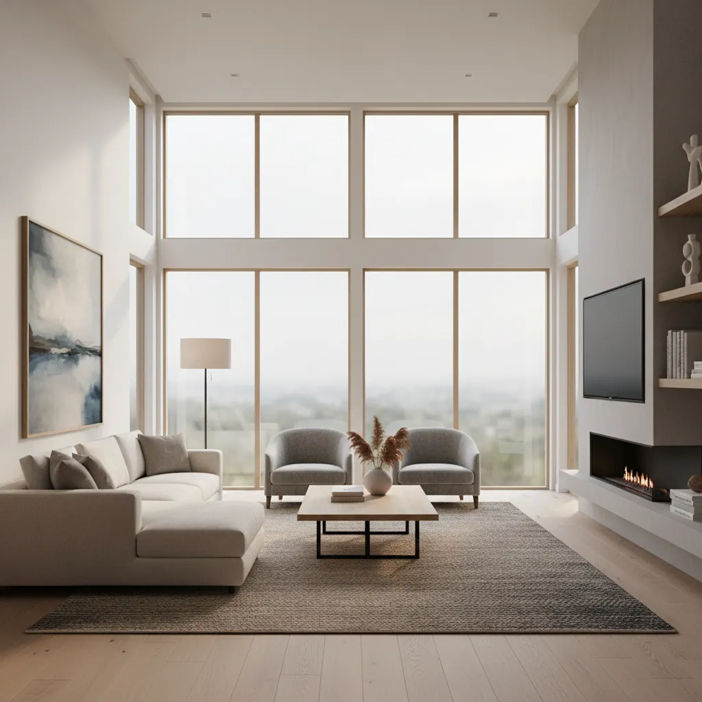Modern living room with large windows plus cream sofa and grey chairs and wall fireplace