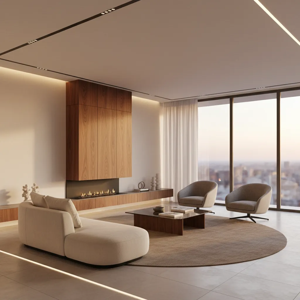 Modern living room with beige sofa two grey chairs wood cabinet fireplace and large window