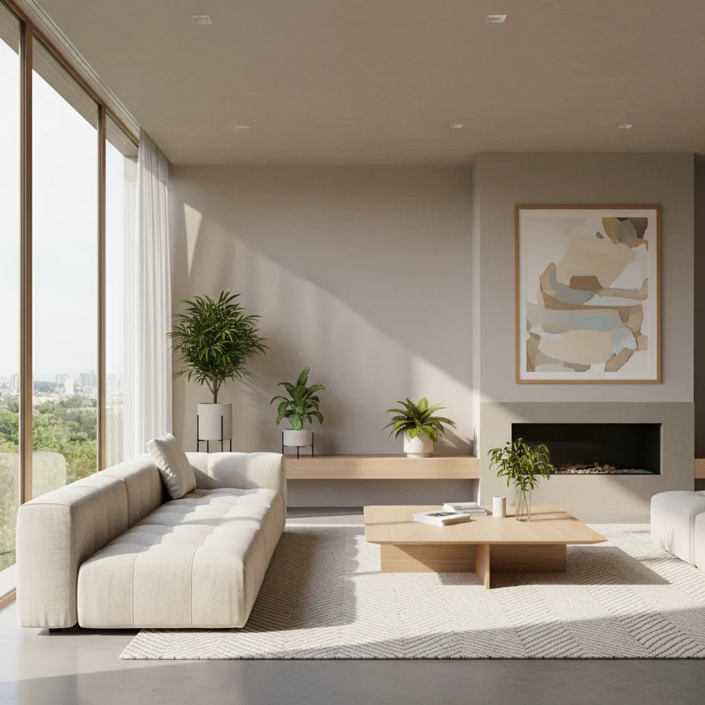Render hiperrealista de un salón contemporáneo con iluminación natural