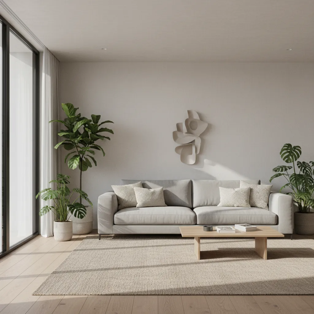 Render realista de salón moderno con iluminación natural