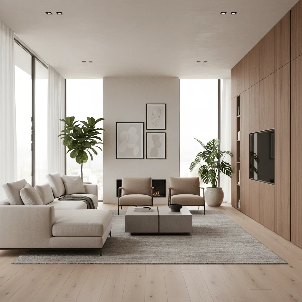 Modern living room with cream sofa wood wall panel rug plants and large windows design