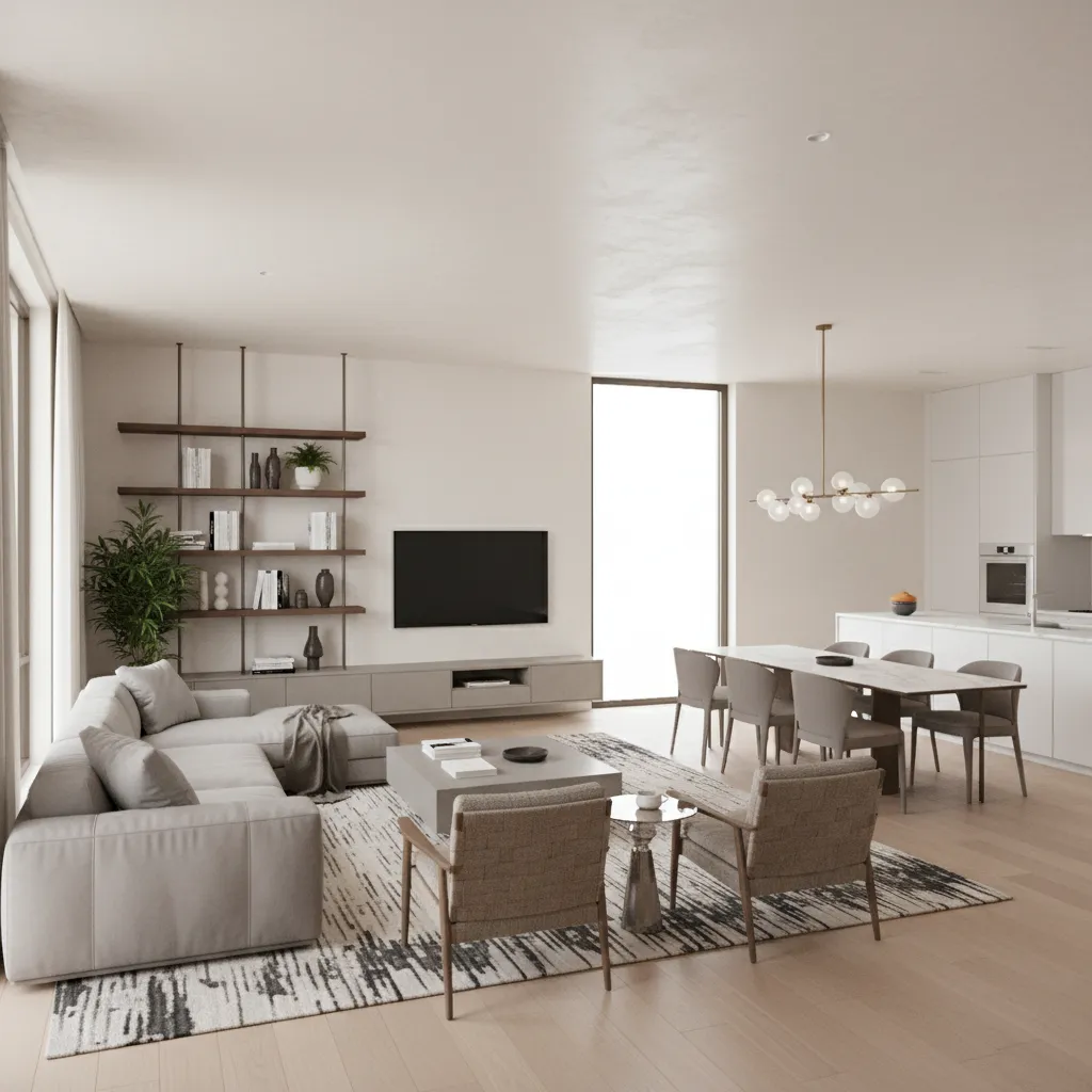 Renderizado 3D realista de un diseño interior moderno