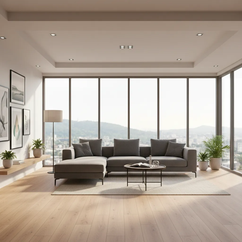 render realista de un salón generado con software de diseño interior