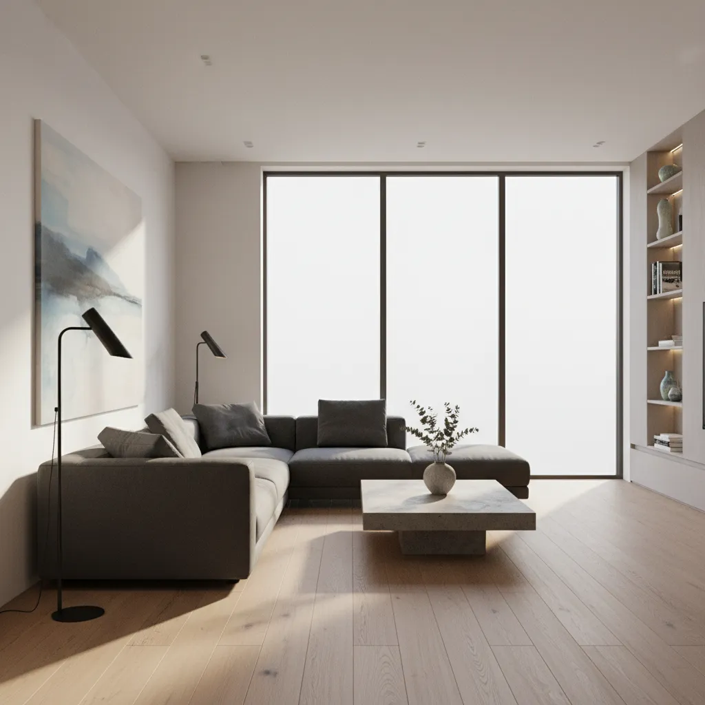 Render realista de un salón moderno generado por software de diseño