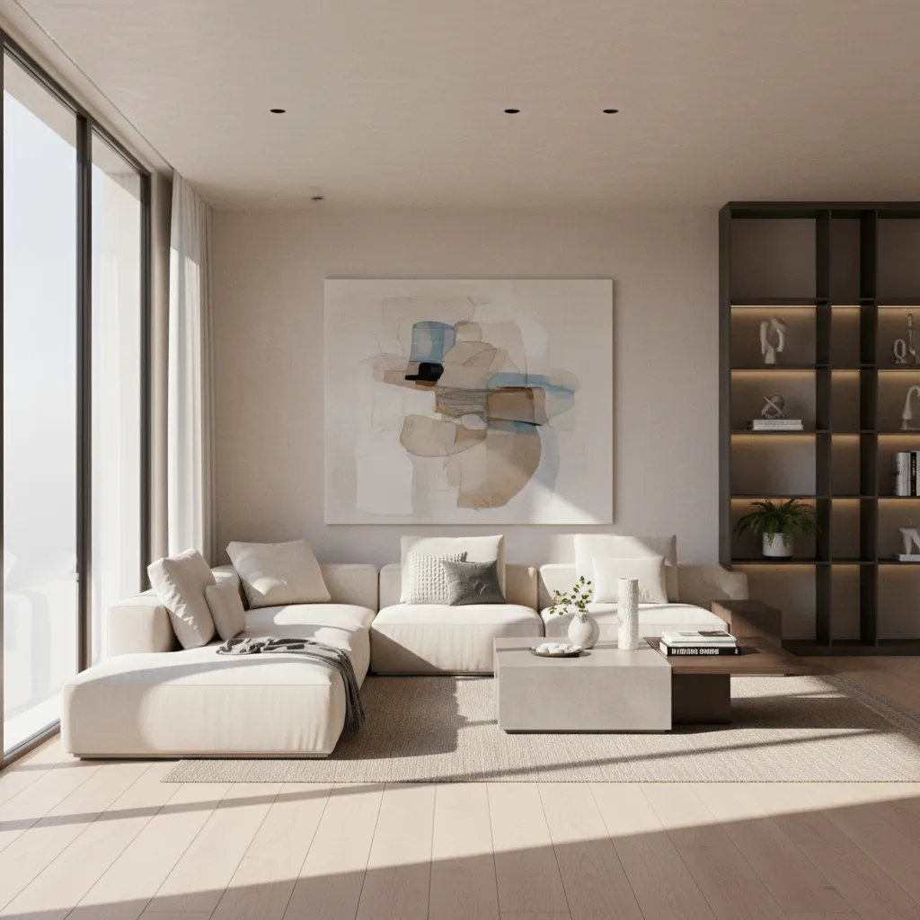 Render 3D realista de salón moderno