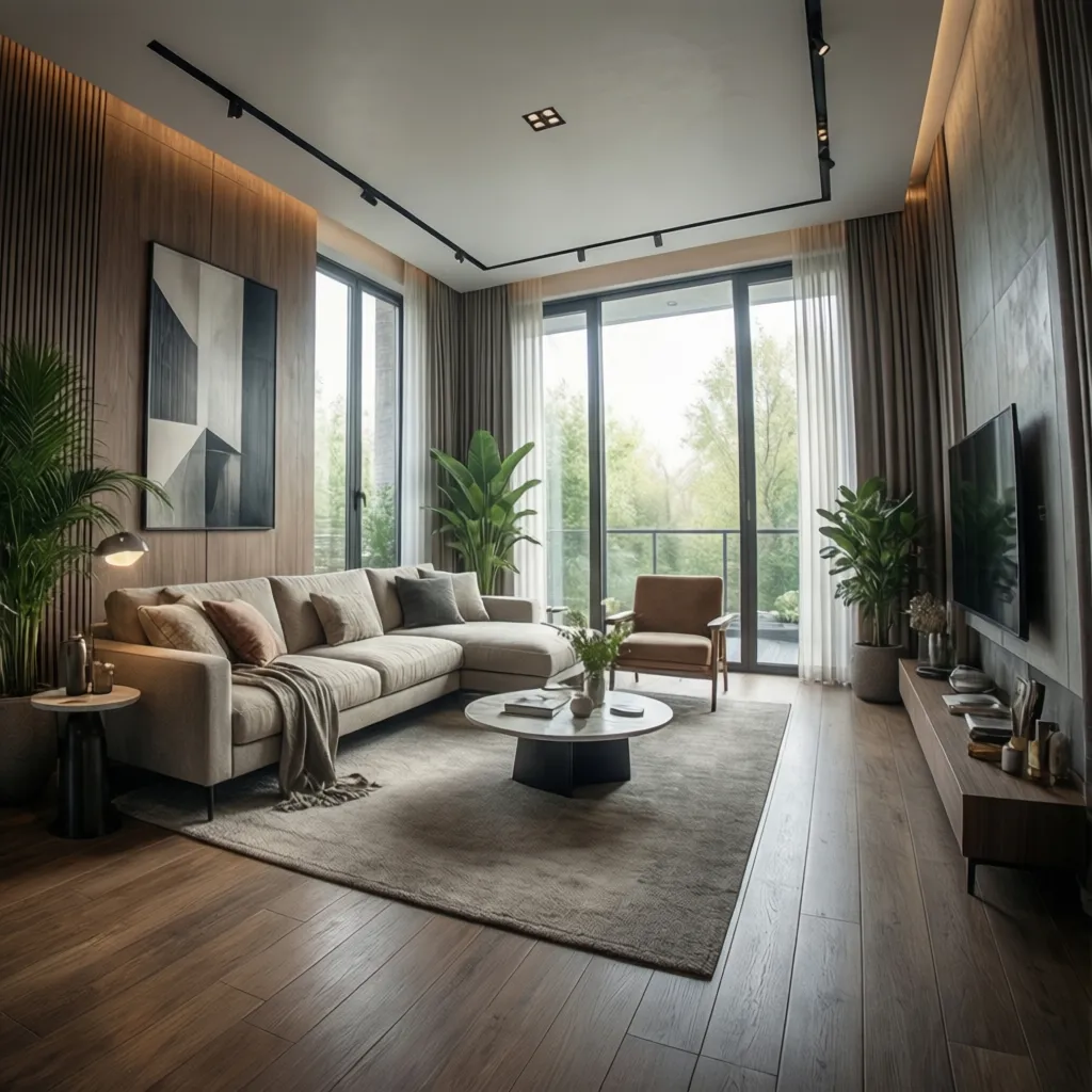 renderizado realista de una sala de estar moderna generado en diseño 3D