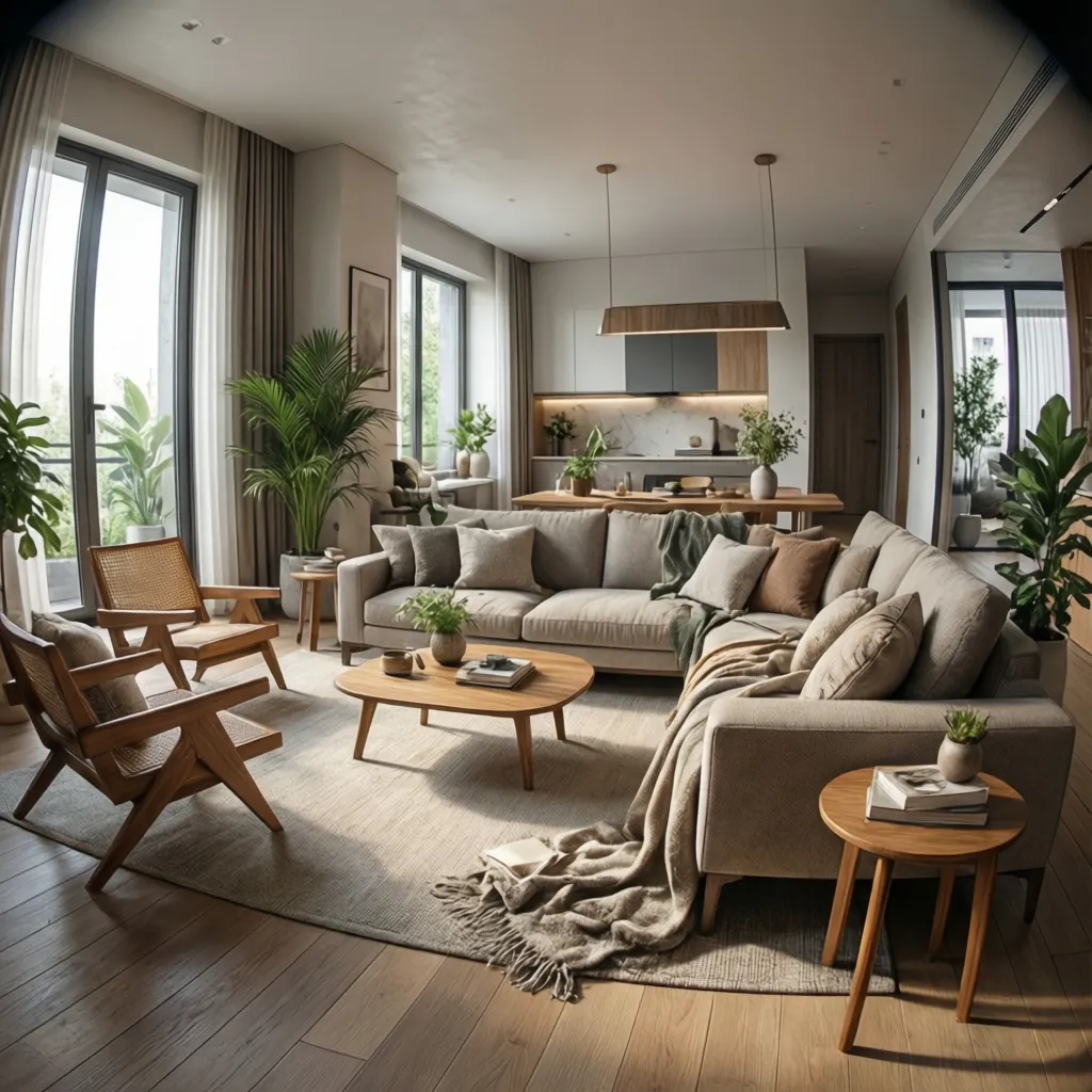 Render realista de un interior de vivienda con iluminación natural