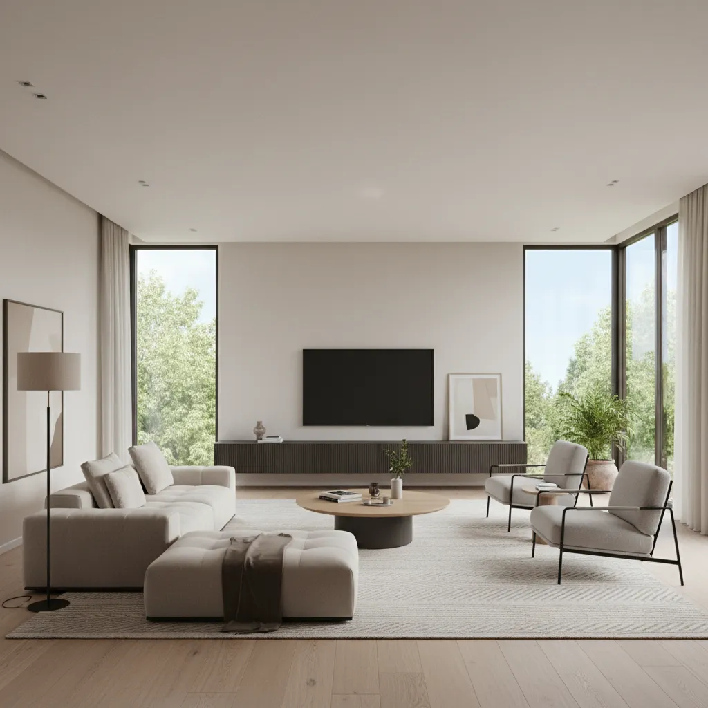 Modern living room with white sofa grey chairs wood floor wall TV and large windows