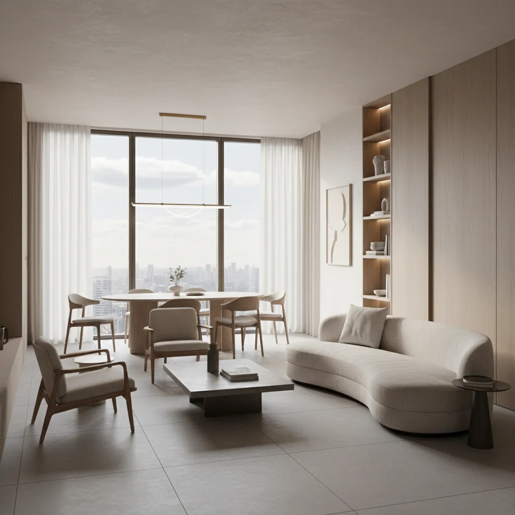 Modern living area with curved sofa dining table city view from windows and light flooring