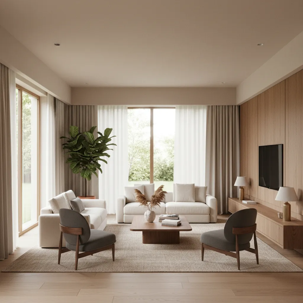 Render realista de un salón moderno con iluminación natural