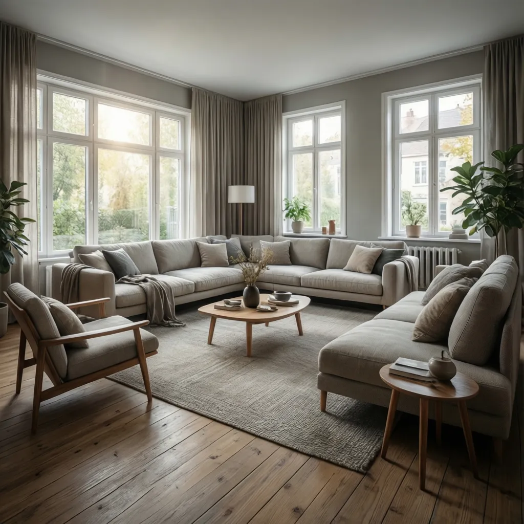 Render final de un salón moderno con iluminación natural