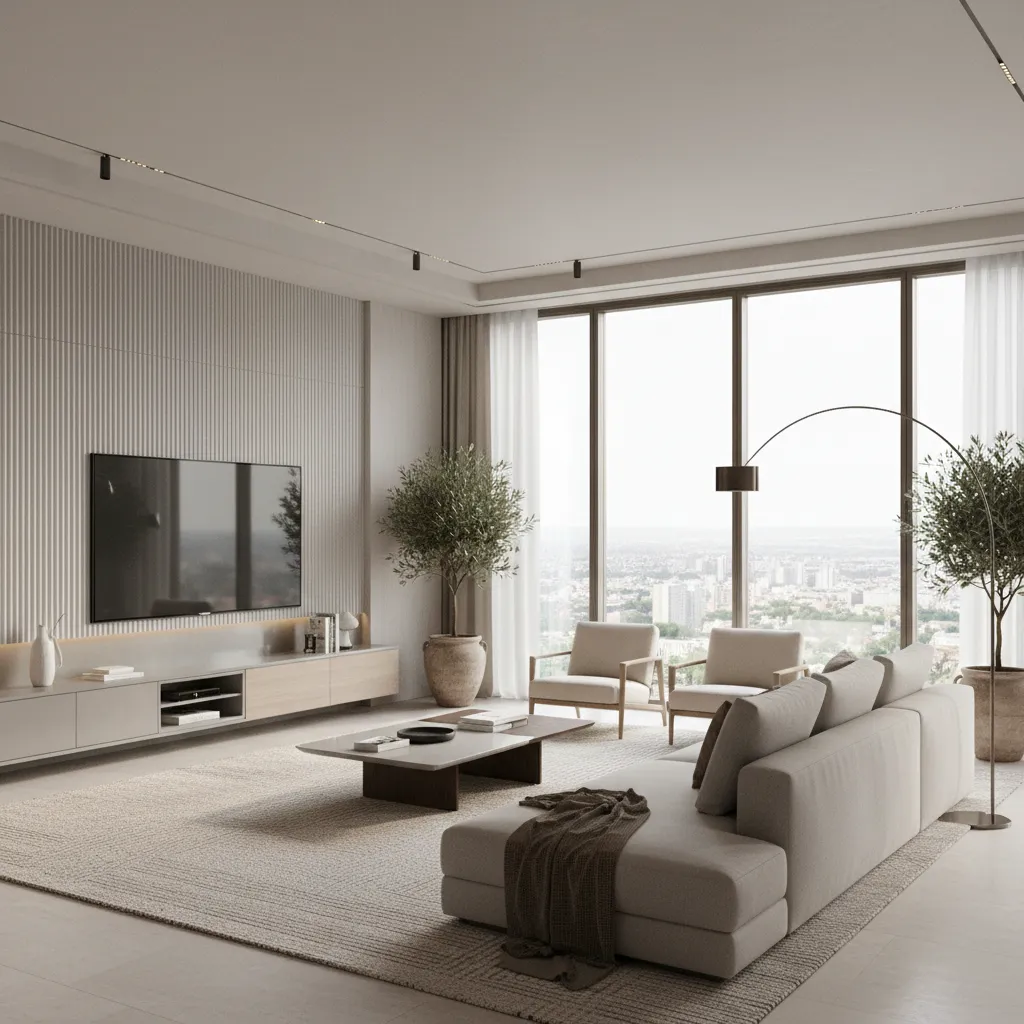 Contemporary living room with grey sofa rug coffee table wall panel floor lamp large window