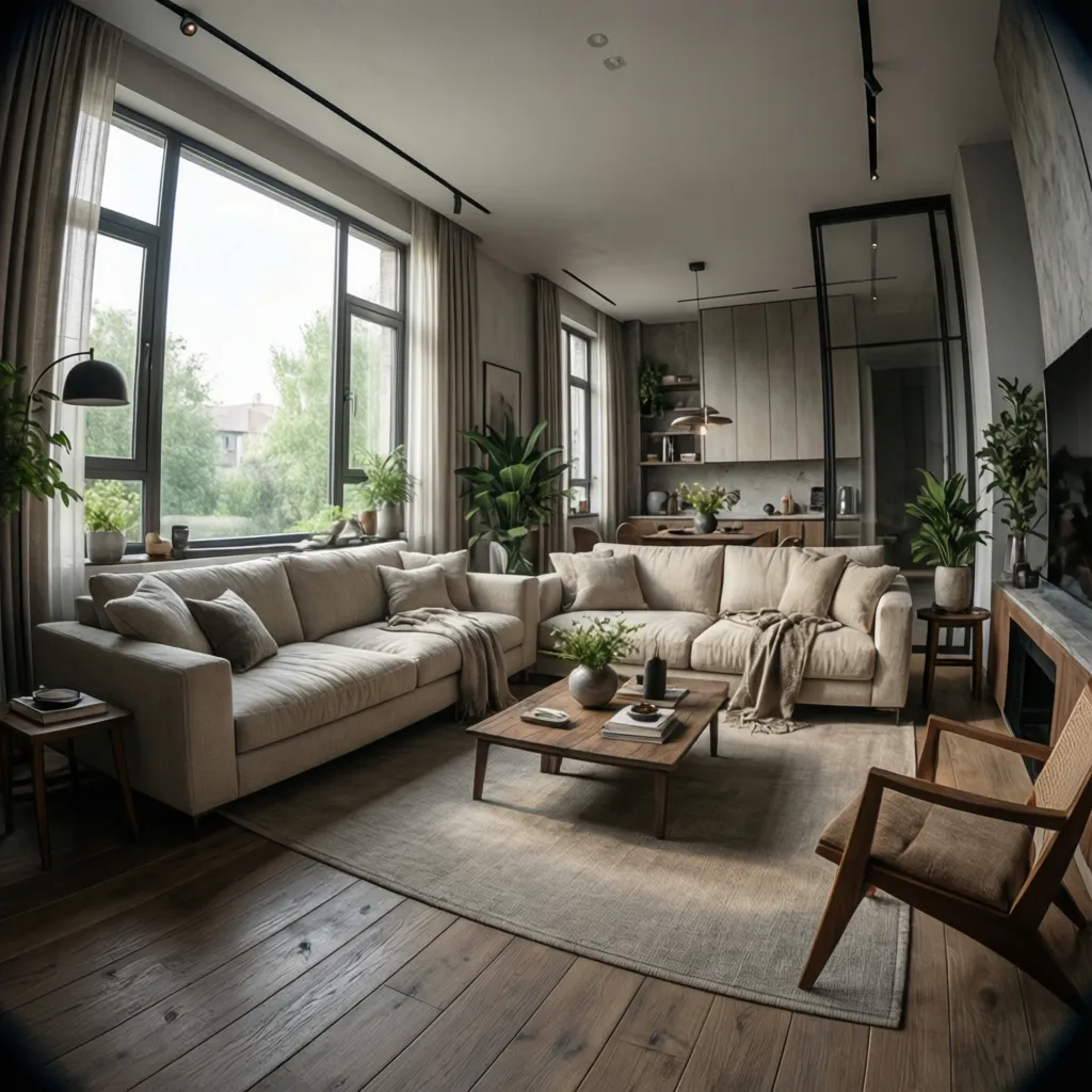 Render realista de un salón moderno diseñado digitalmente