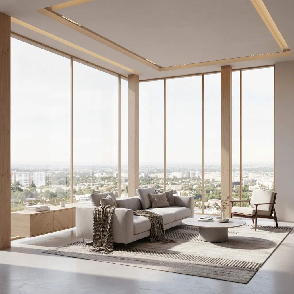 Render realista de salón moderno generado por software de diseño