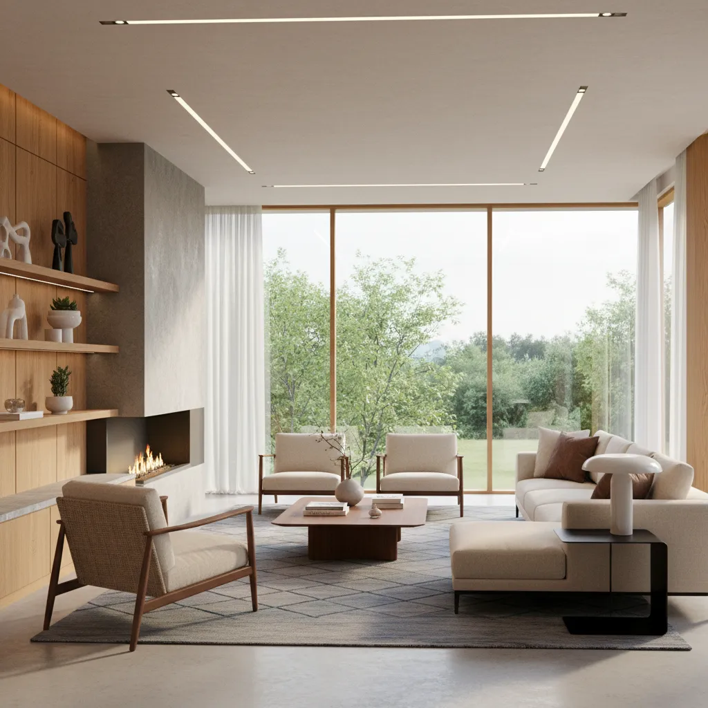 Render 3D realista de un salón moderno generado digitalmente