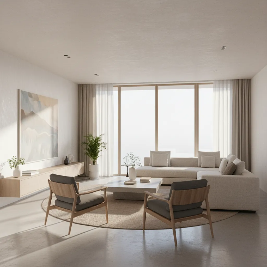 Minimalist living room with beige sofa, two wooden armchairs, round rug, and a large painting