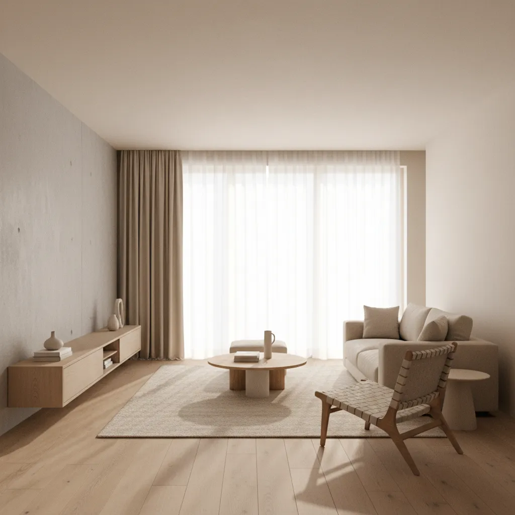 Minimalist living room interior design with beige sofa wooden coffee table large window and rug