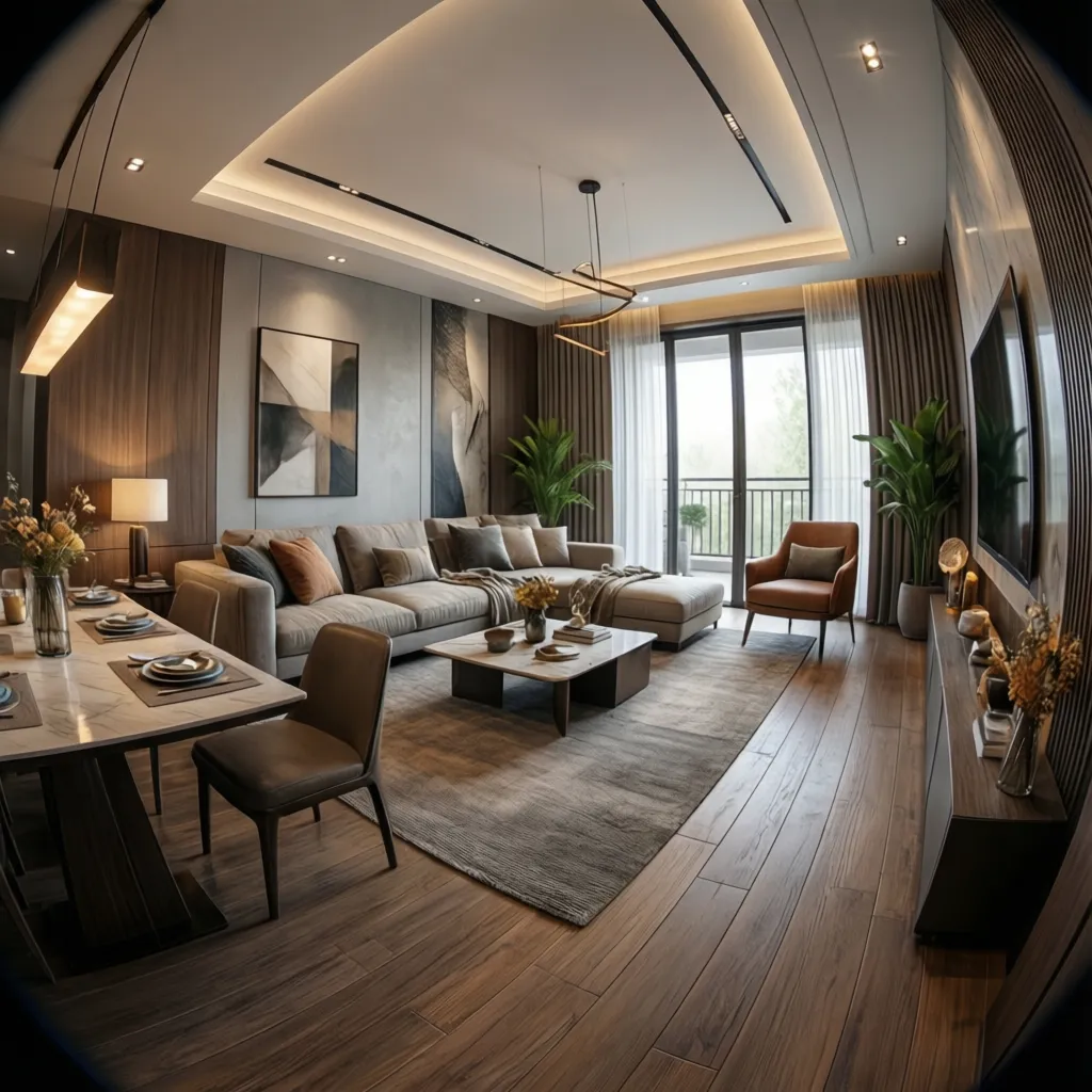 Render realista de sala comedor moderna