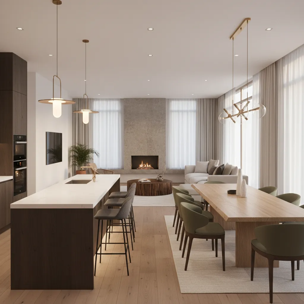 Large open room with kitchen island dining table green chairs fireplace and hanging modern lights