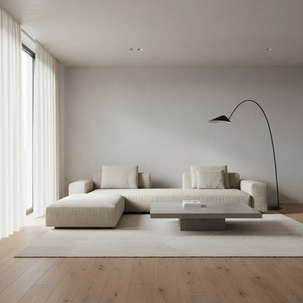 Render 3D de sala moderna con sofá, iluminación y decoración minimalista