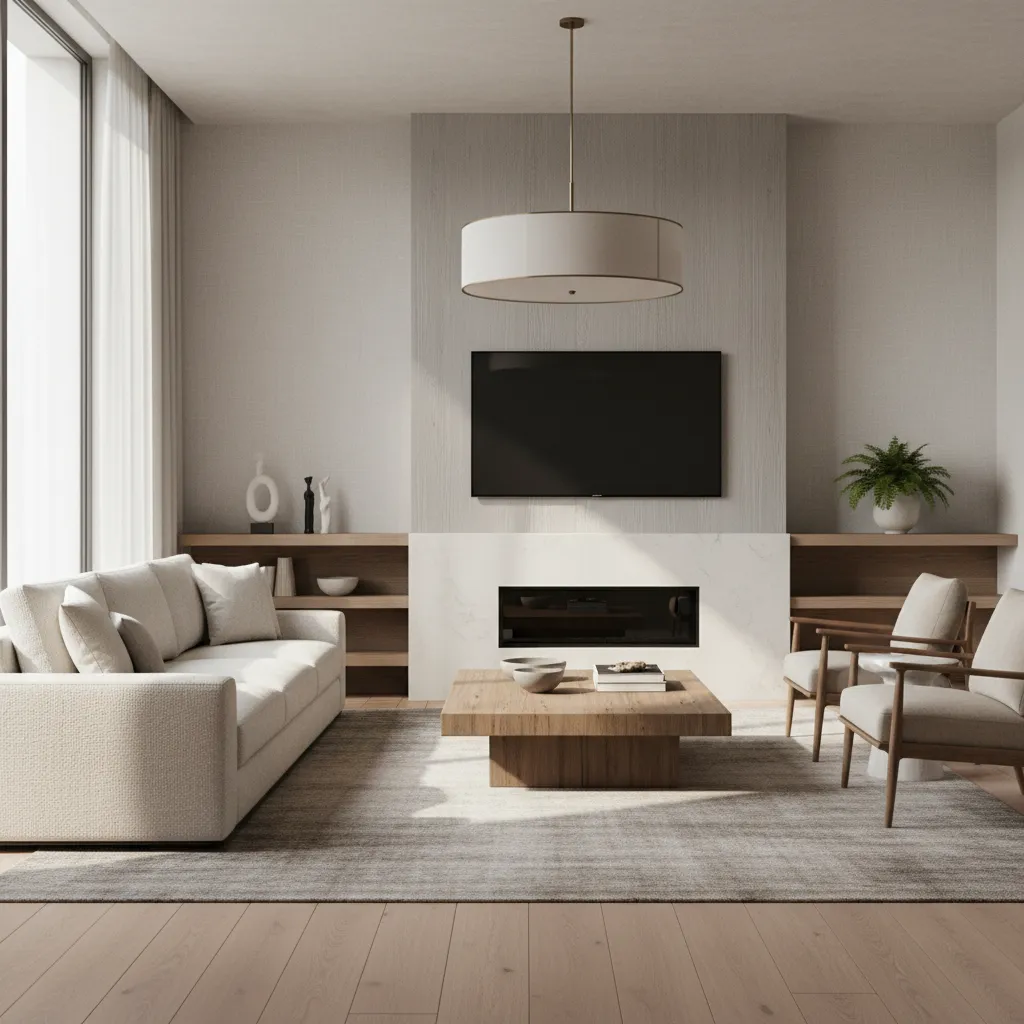 Render realista de salón moderno diseñado digitalmente