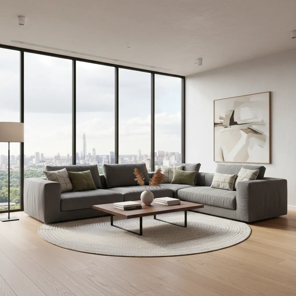 Renderizado realista de salón moderno generado con software de diseño interior