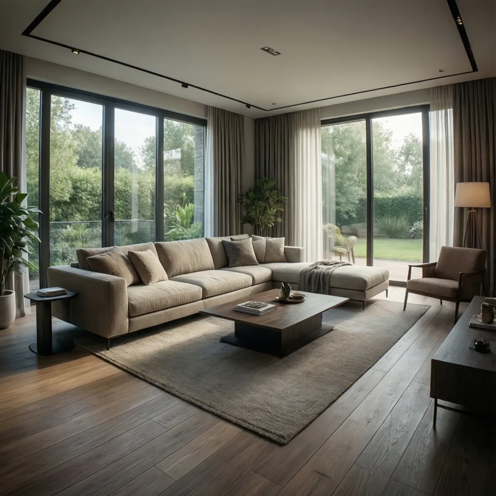 Render realista de un salón moderno diseñado por interiorista