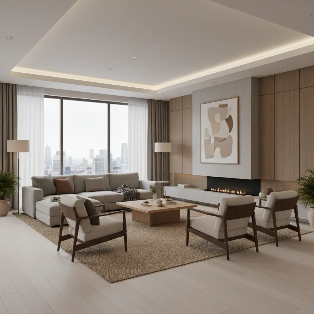 Render 3D de un salón moderno diseñado por un interiorista