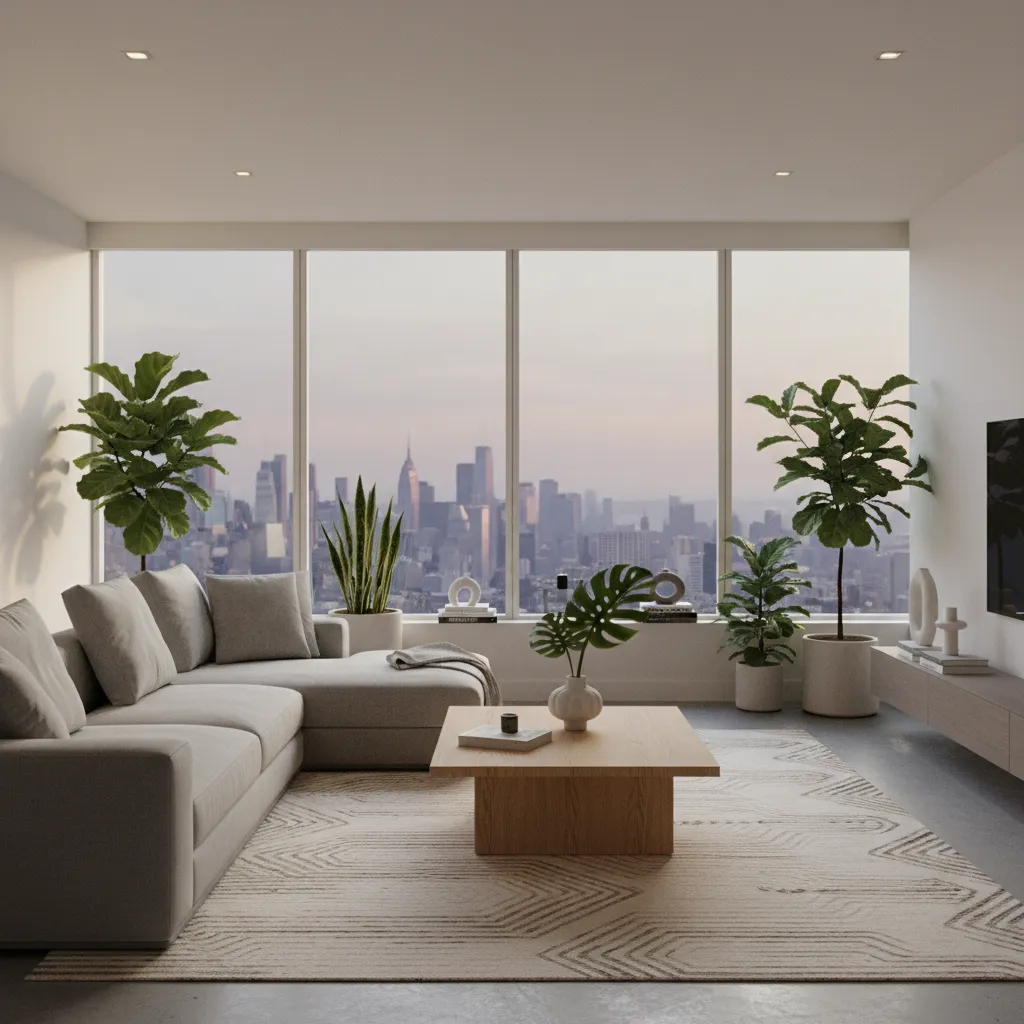 Render de un salón moderno con iluminación natural