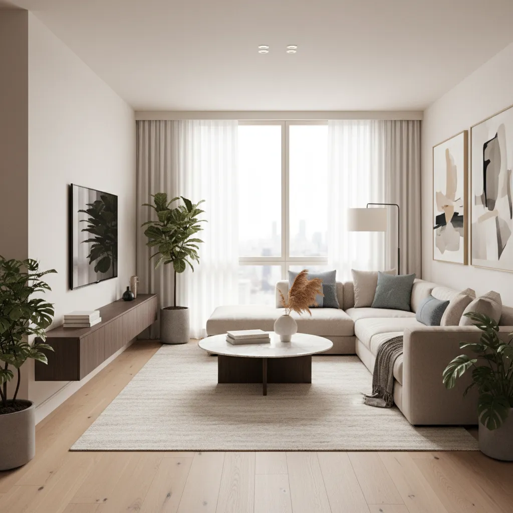 Render realista de salón moderno generado desde software de diseño