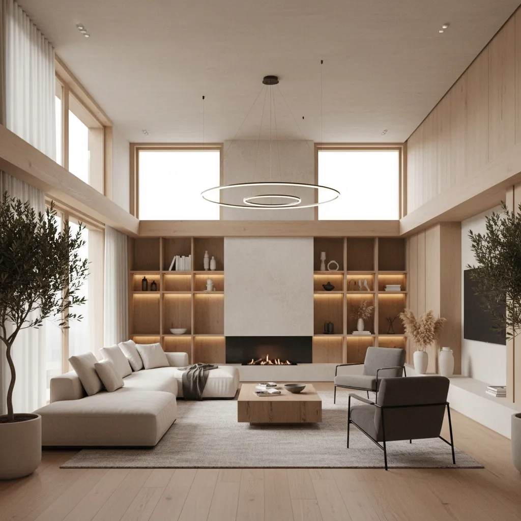 Modern high ceiling living room with white sofa grey chairs fireplace wooden shelves ceiling light