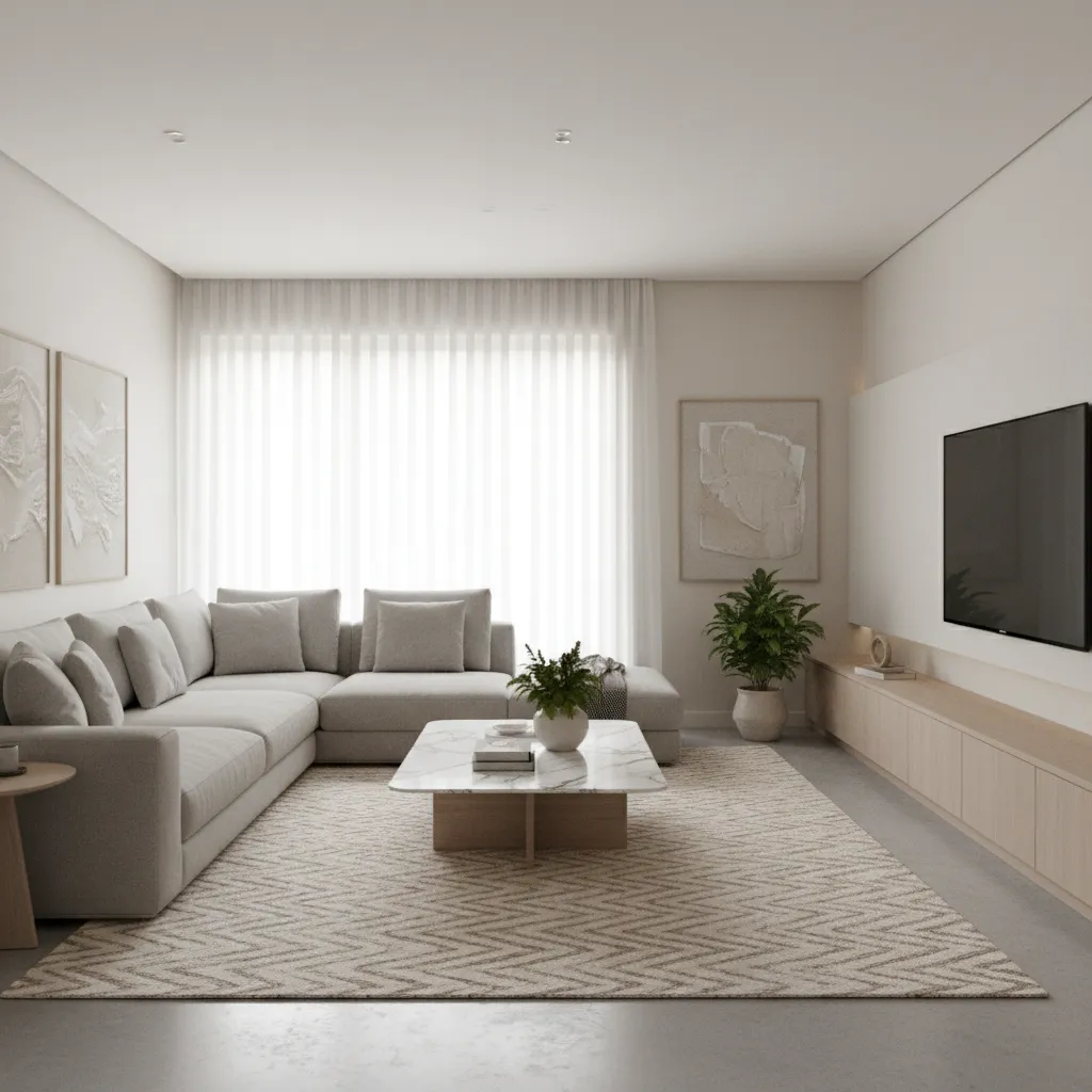Render realista de salón moderno con muebles equilibrados