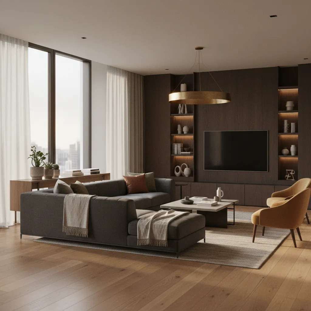 Render realista de un salón moderno diseñado digitalmente