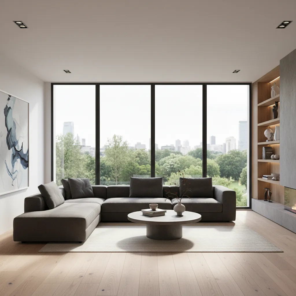 Render realista de una sala moderna generado con software de diseño