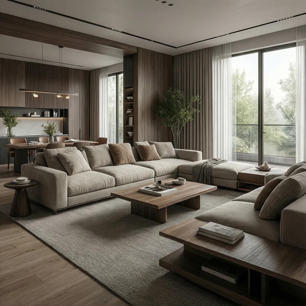 render 3D realista de un salón antes de ser decorado en la vida real