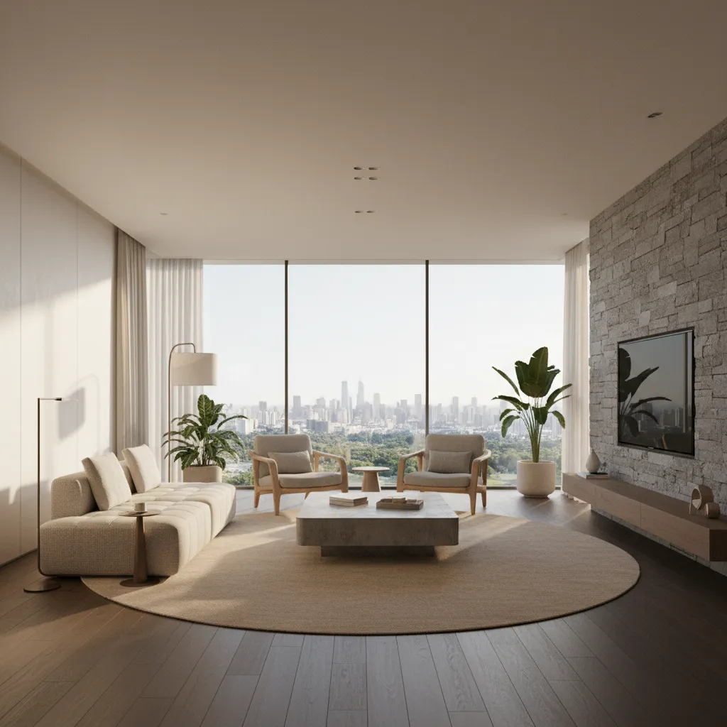 Modern living room design drawing with sofa stone wall and large windows showing city view