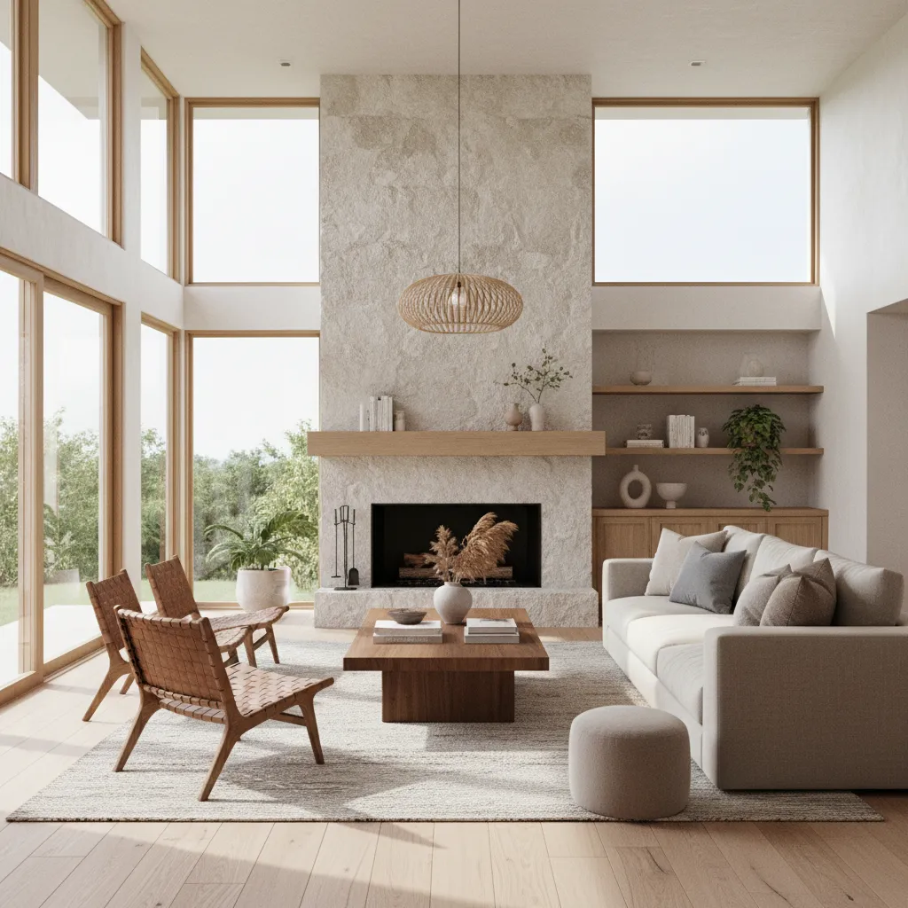 Render 3D realista de un salón moderno