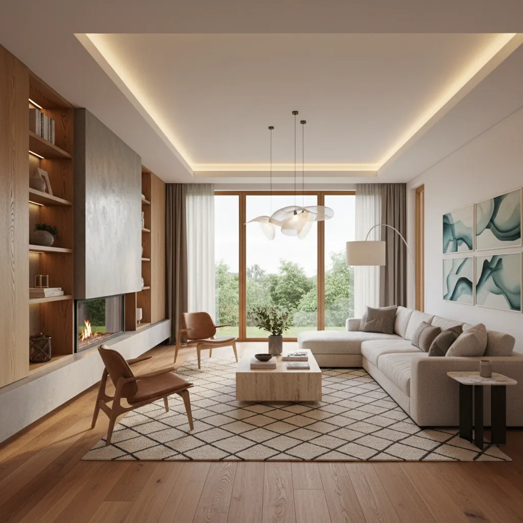 Modern living room with white sofa wooden floor fireplace wall panel windows and ceiling light