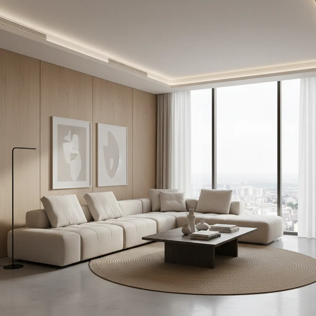 Render realista de salón moderno con luz natural