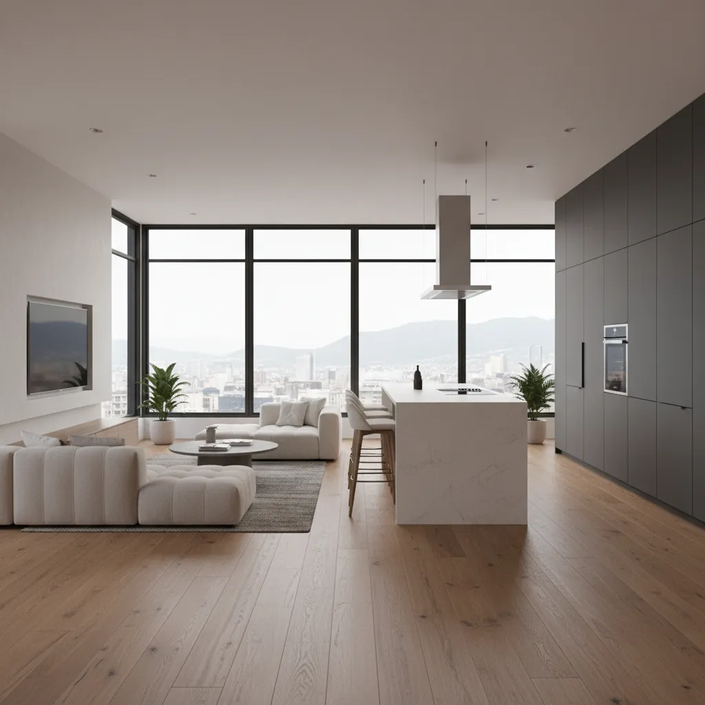 Modern open plan kitchen and living room with gray cabinets white island sofa city view