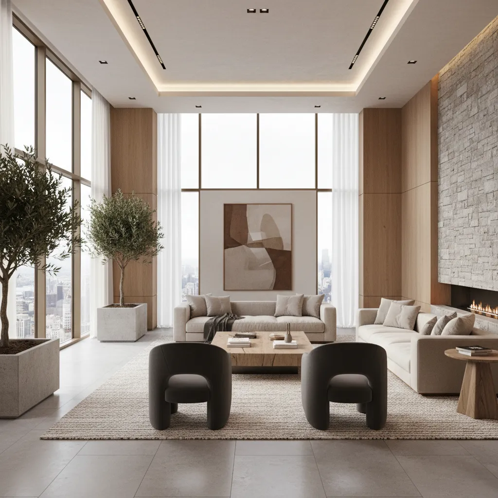 Render realista de salón moderno diseñado en software de interiorismo