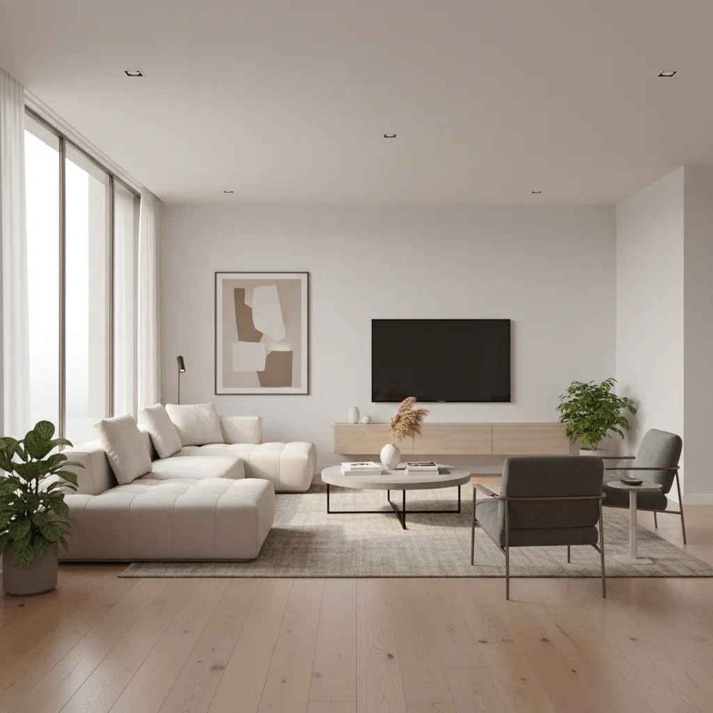 Render 3D realista de salón moderno utilizado en presentación de proyecto