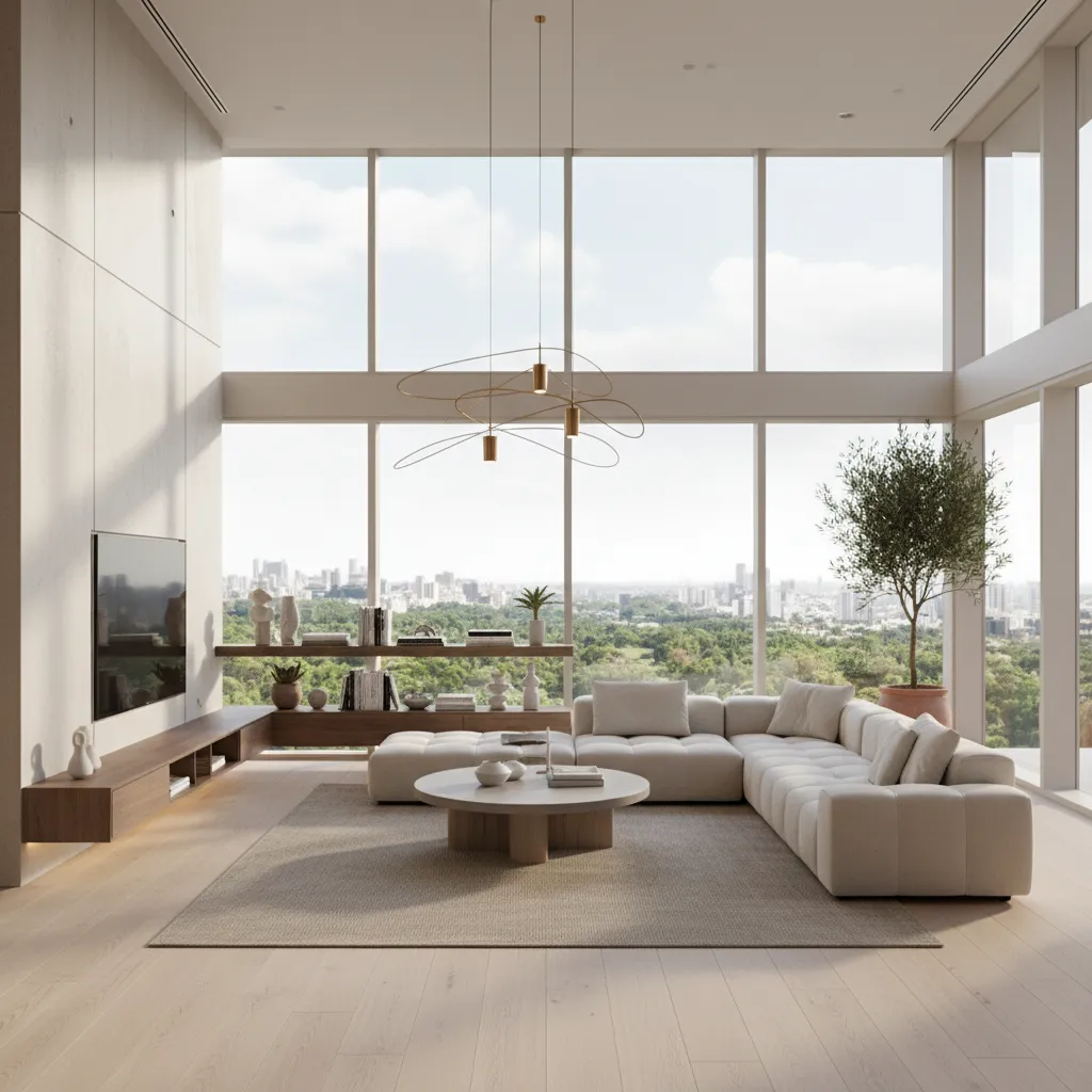 Render realista de un salón moderno diseñado digitalmente